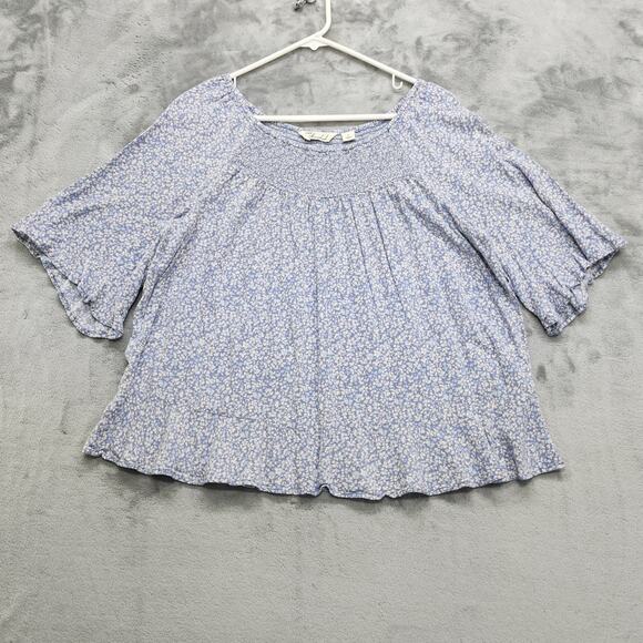 Caffe Marrakesh Top Womens L Blue Floral Shirred Ruffled Short Sleeve Rayon - Picture 1 of 10